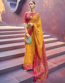 Collection of Brasso Fabric Mustard Floral Print Saree in a gallery layout