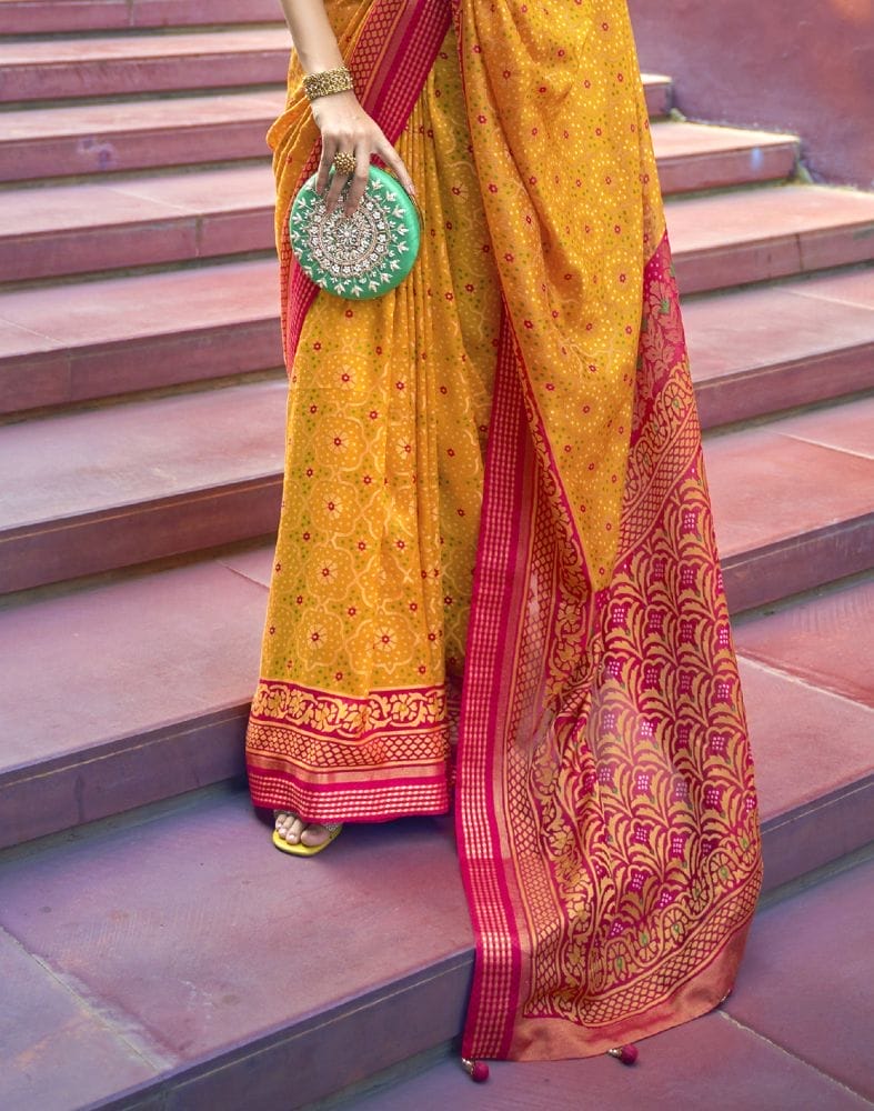 Collection of Brasso Fabric Mustard Floral Print Saree in a gallery layout