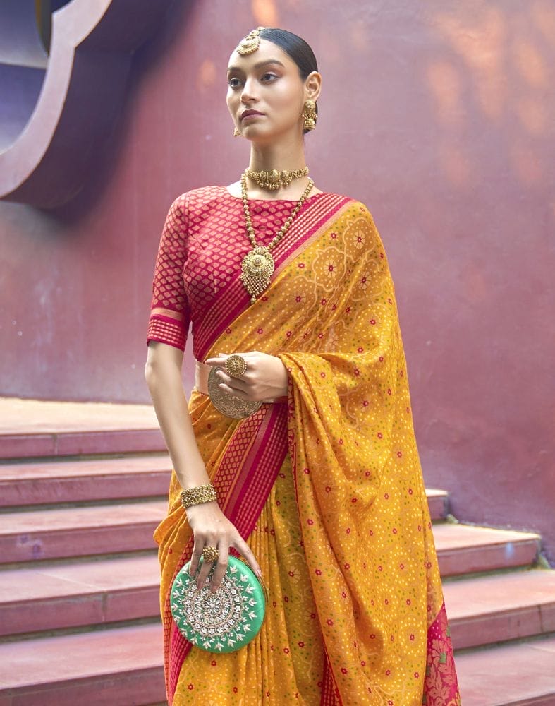 Collection of Brasso Fabric Mustard Floral Print Saree in a gallery layout