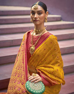 Collection of Brasso Fabric Mustard Floral Print Saree in a gallery layout