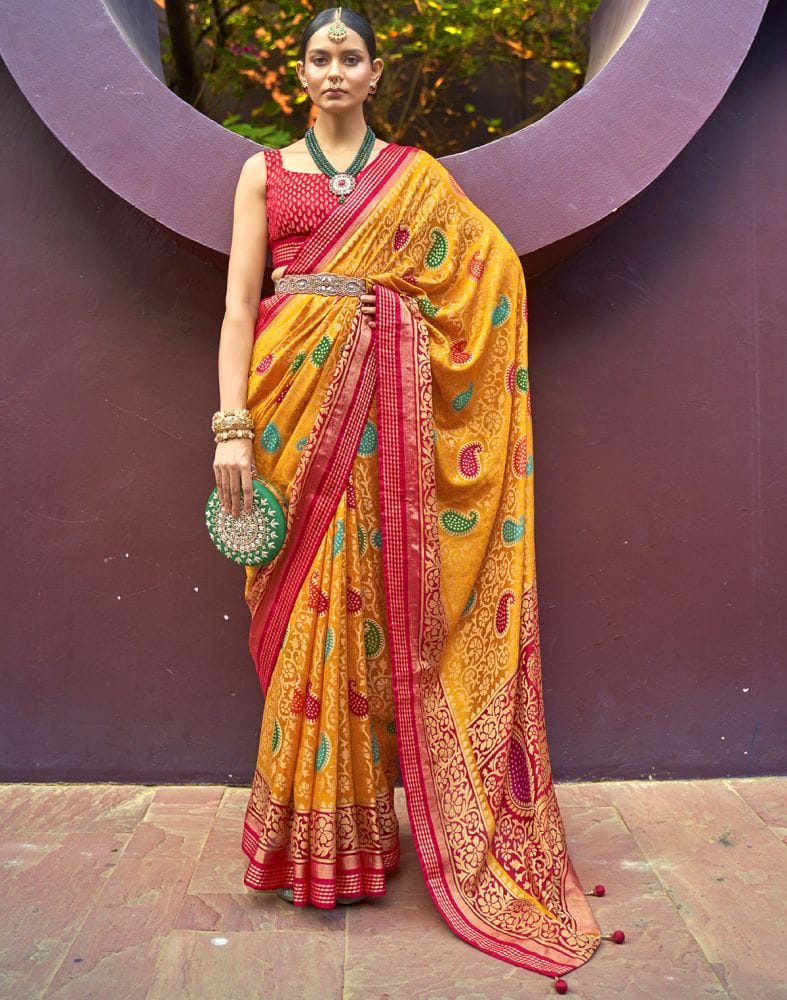 Mustard Coloured Paisley Brasso Fabric Saree