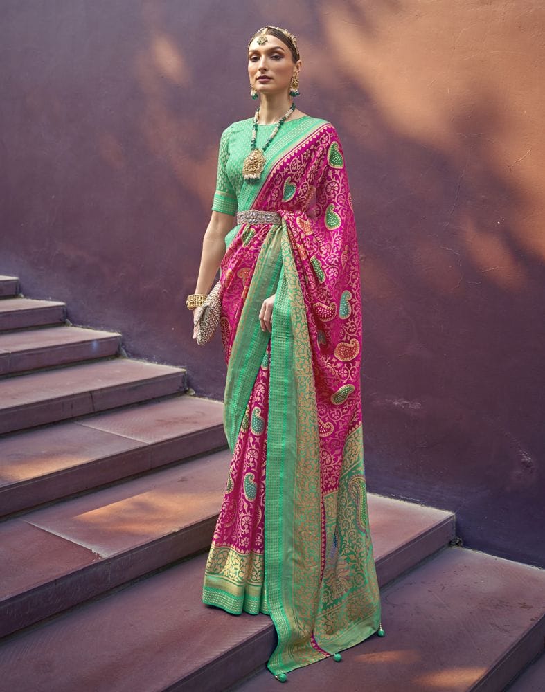 Pink and Sea Green Paisley Print Brasso Saree