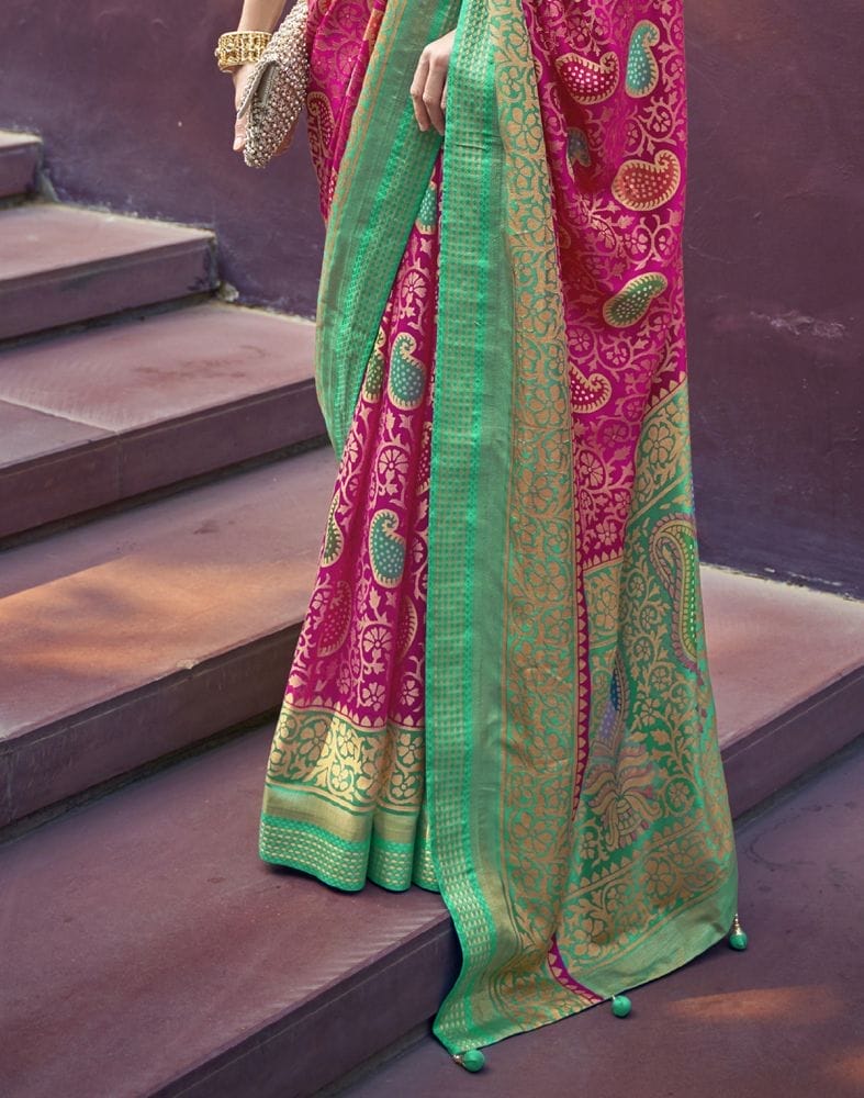 Collection of Pink and Sea Green Paisley Print Brasso Saree in a gallery layout