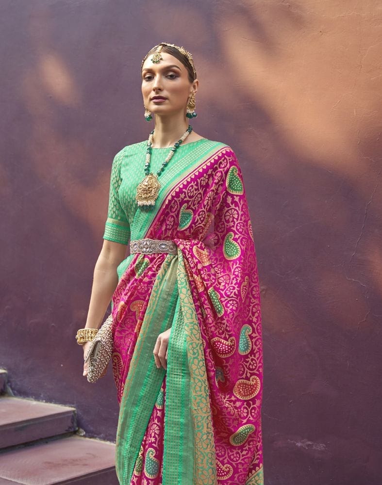 Pink and Sea Green Paisley Print Brasso Saree