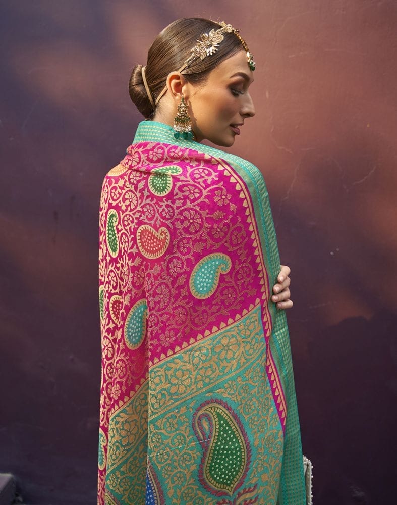 Pink and Sea Green Paisley Print Brasso Saree