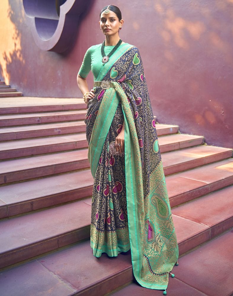 Navy Blue Paisley Pattern Brasso Fabric Saree