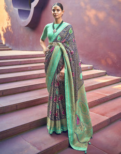 Collection of Navy Blue Paisley Pattern Brasso Fabric Saree in a gallery layout