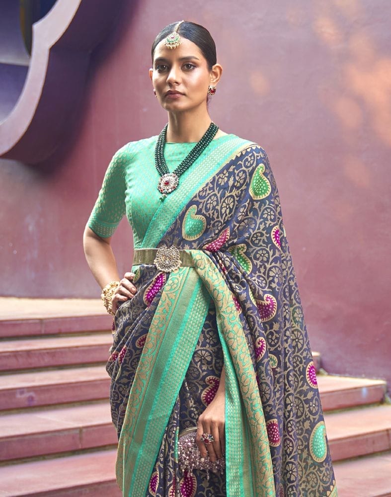 Navy Blue Paisley Pattern Brasso Fabric Saree