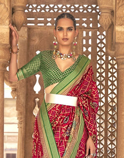 Collection of Red Botanical Print Patola Designer Saree in a gallery layout