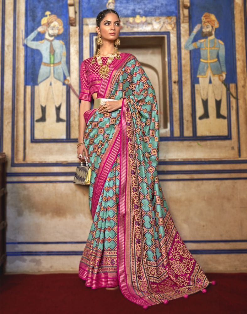 Magnificent Sky Blue Geometric Print Patola Saree