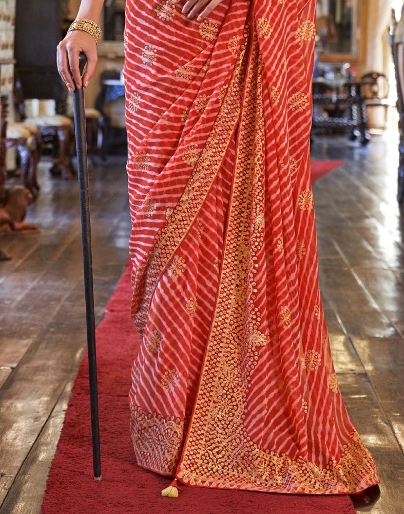 Attractive Orange Striped Printed Georgette Saree