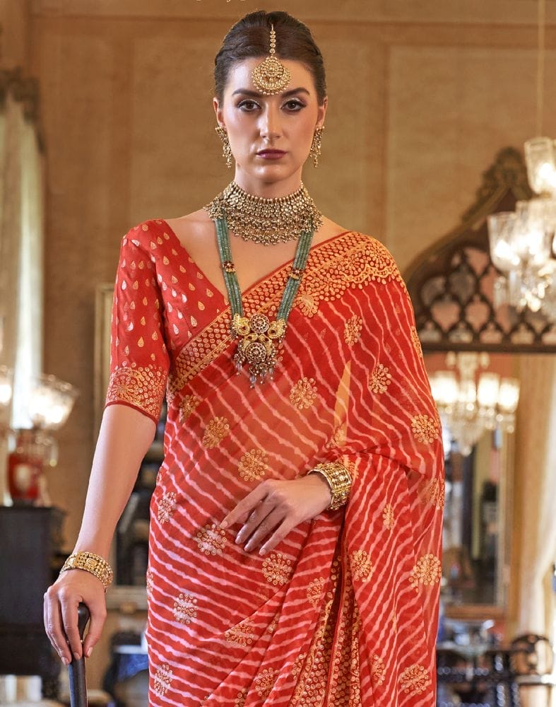 Collection of Attractive Orange Striped Printed Georgette Saree in a gallery layout