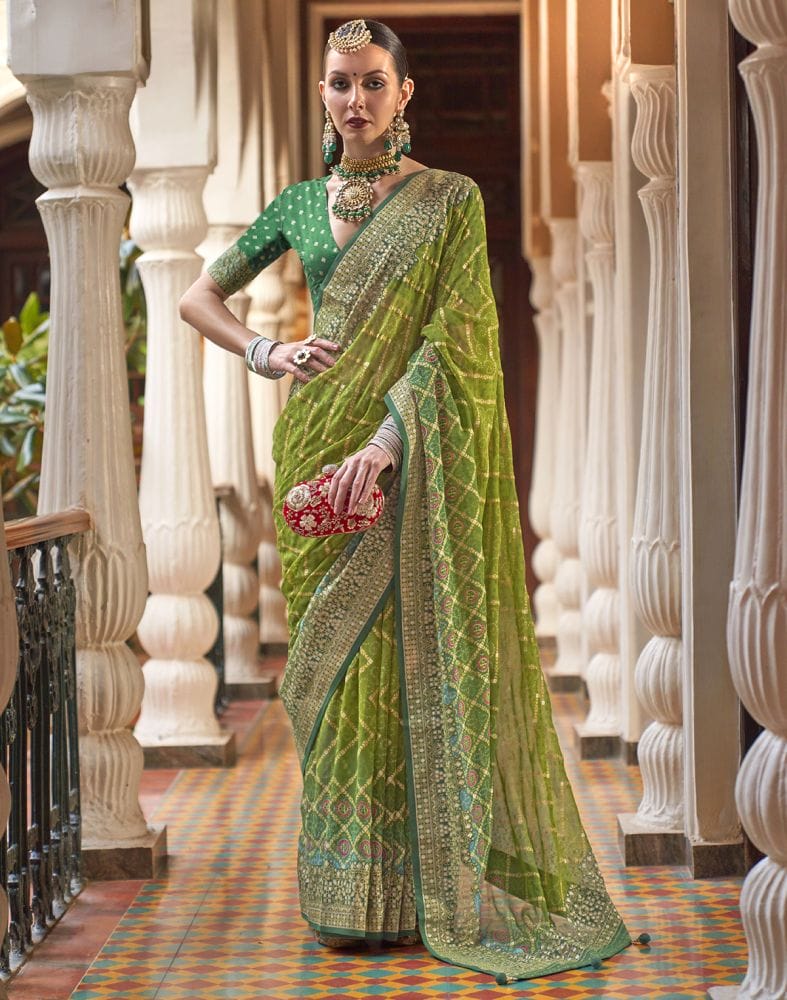 Collection of Parrot Green Zig Zag Pattern Georgette Saree in a gallery layout