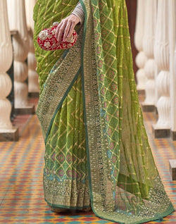 Collection of Parrot Green Zig Zag Pattern Georgette Saree in a gallery layout