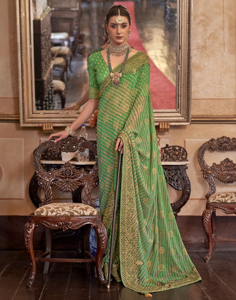 Collection of Green Striped Printed beautiful Georgette Saree in a gallery layout