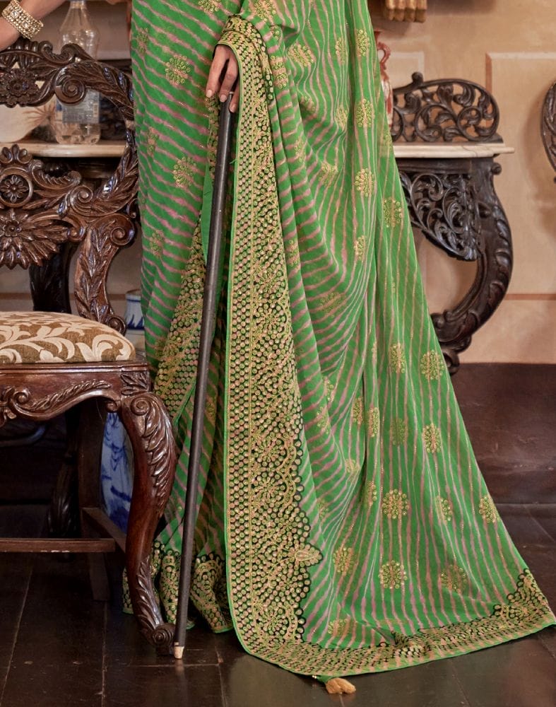 Green Striped Printed beautiful Georgette Saree