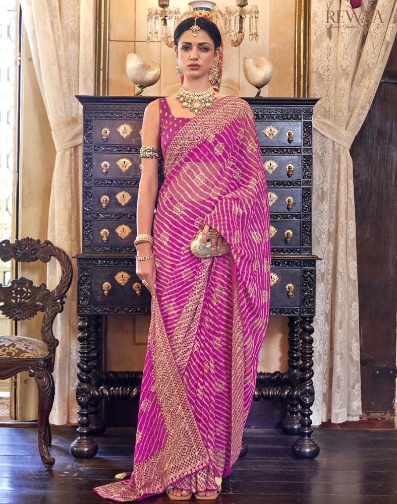 Emerald Pink Striped Print Soft Georgette Saree