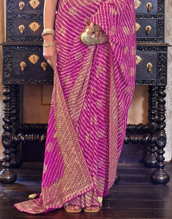 Collection of Emerald Pink Striped Print Soft Georgette Saree in a gallery layout