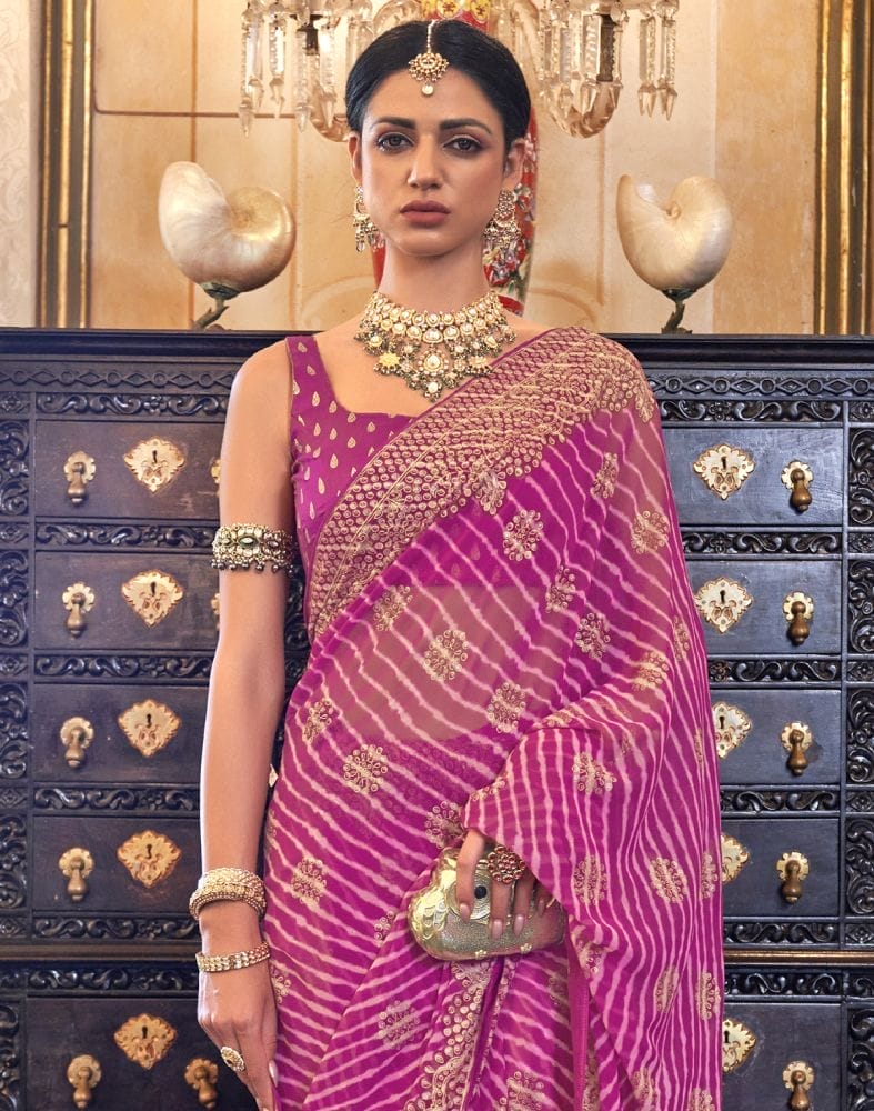 Collection of Emerald Pink Striped Print Soft Georgette Saree in a gallery layout