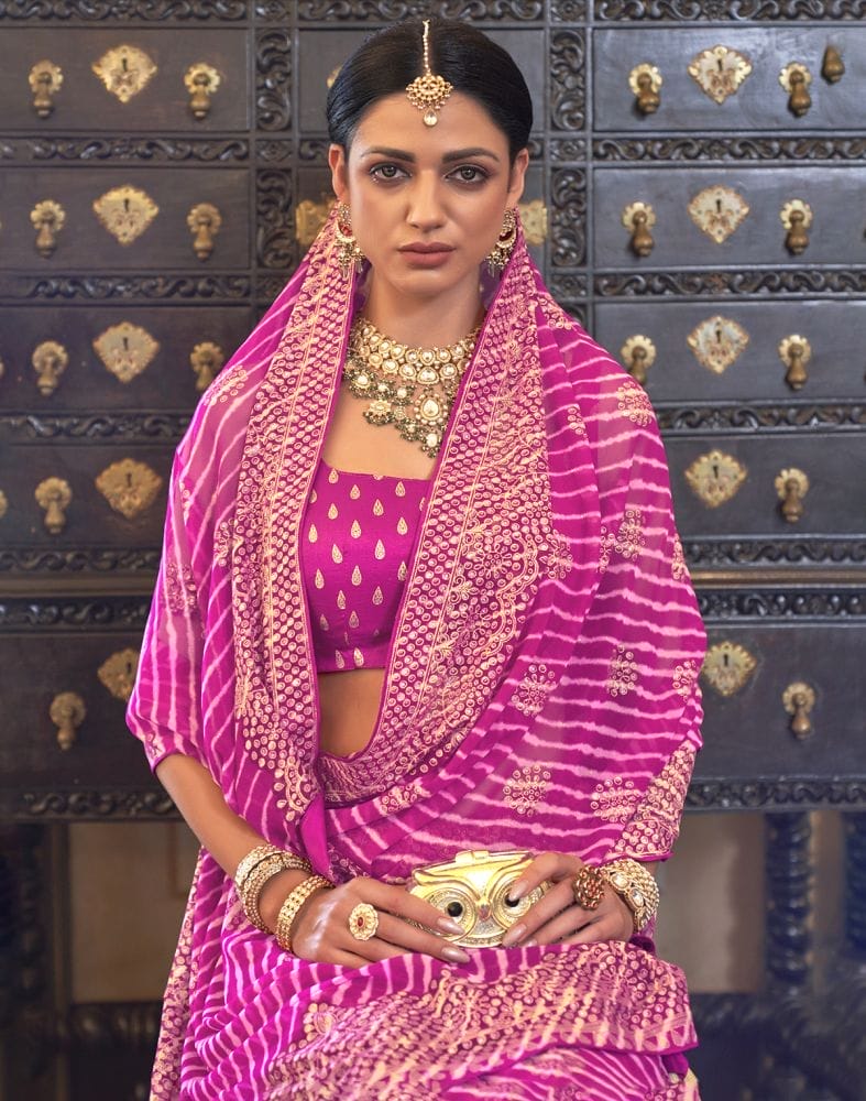 Emerald Pink Striped Print Soft Georgette Saree