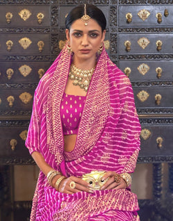 Collection of Emerald Pink Striped Print Soft Georgette Saree in a gallery layout