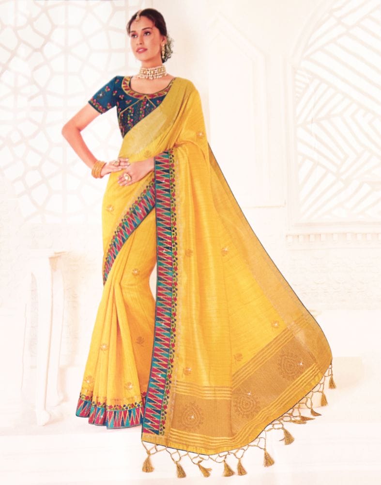 Collection of Yellow Plain Stones work Raw Silk Saree in a gallery layout