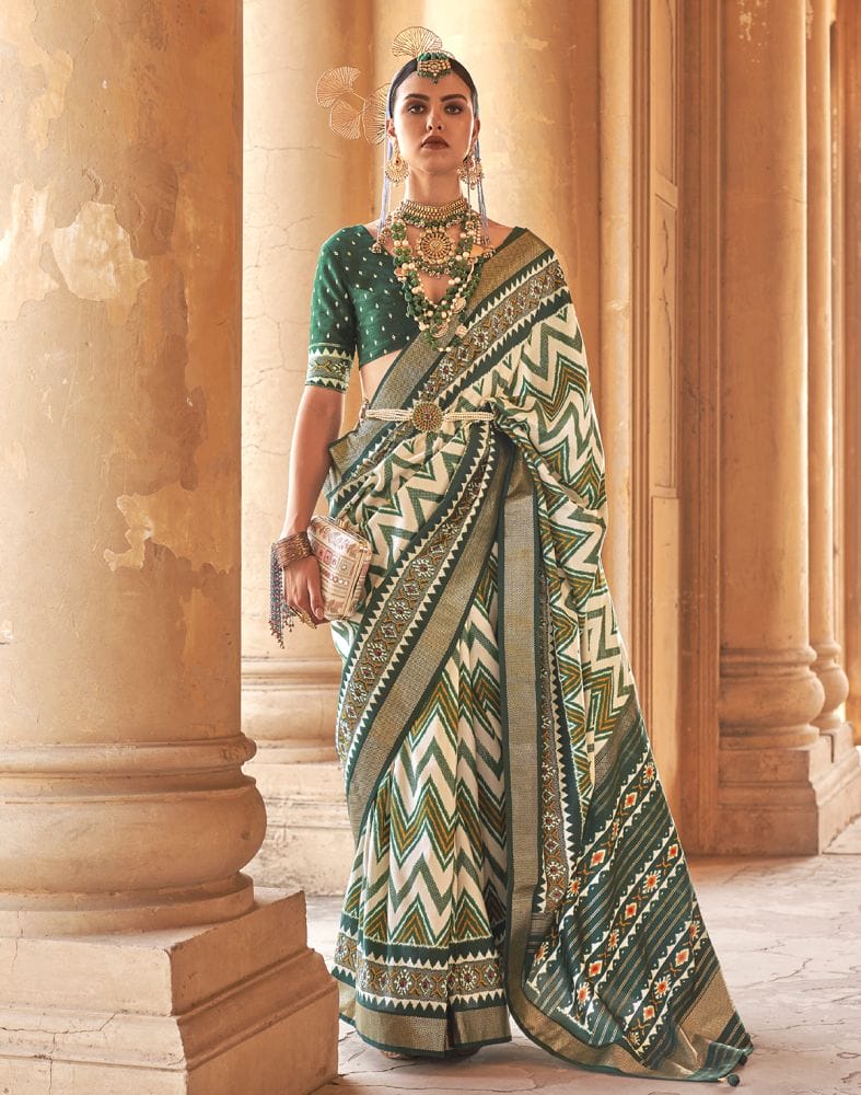 Collection of Patola Fabric Off White Chevron Print Saree in a gallery layout