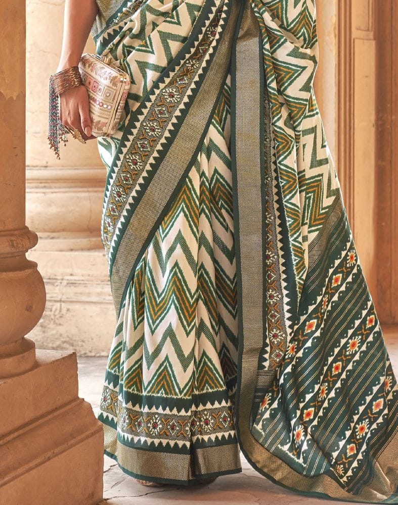 Collection of Patola Fabric Off White Chevron Print Saree in a gallery layout