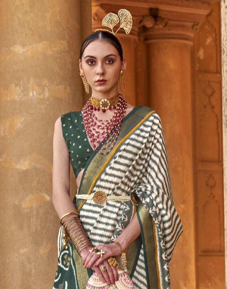 Off White Stripes Pattern Patola Fabric Saree