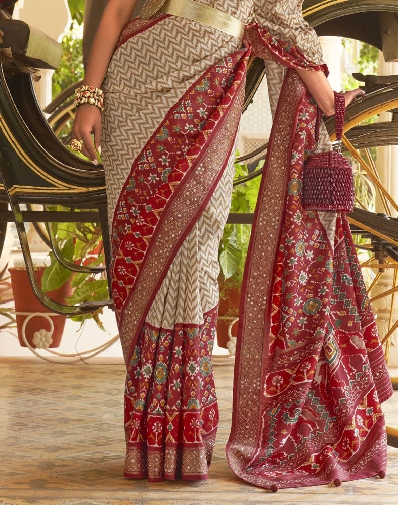 Chevron Pattern Beige Coloured Beads work Patola Fancy Saree