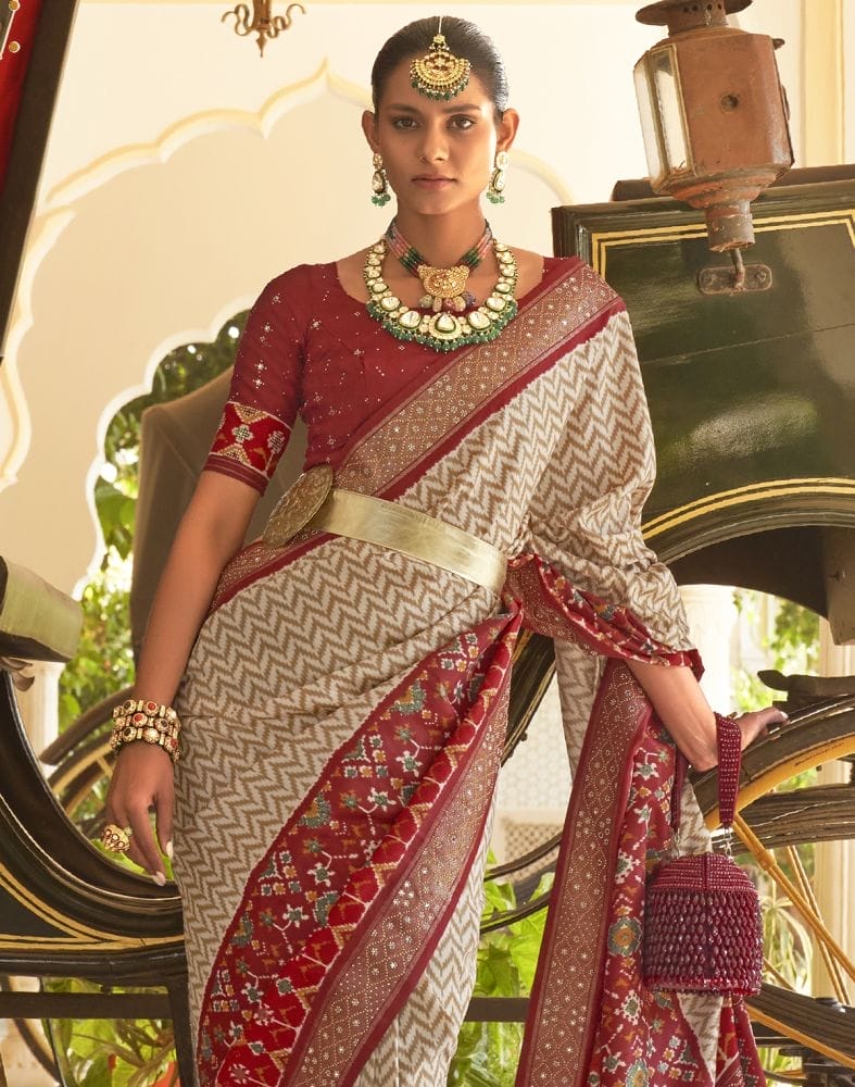 Chevron Pattern Beige Coloured Beads work Patola Fancy Saree