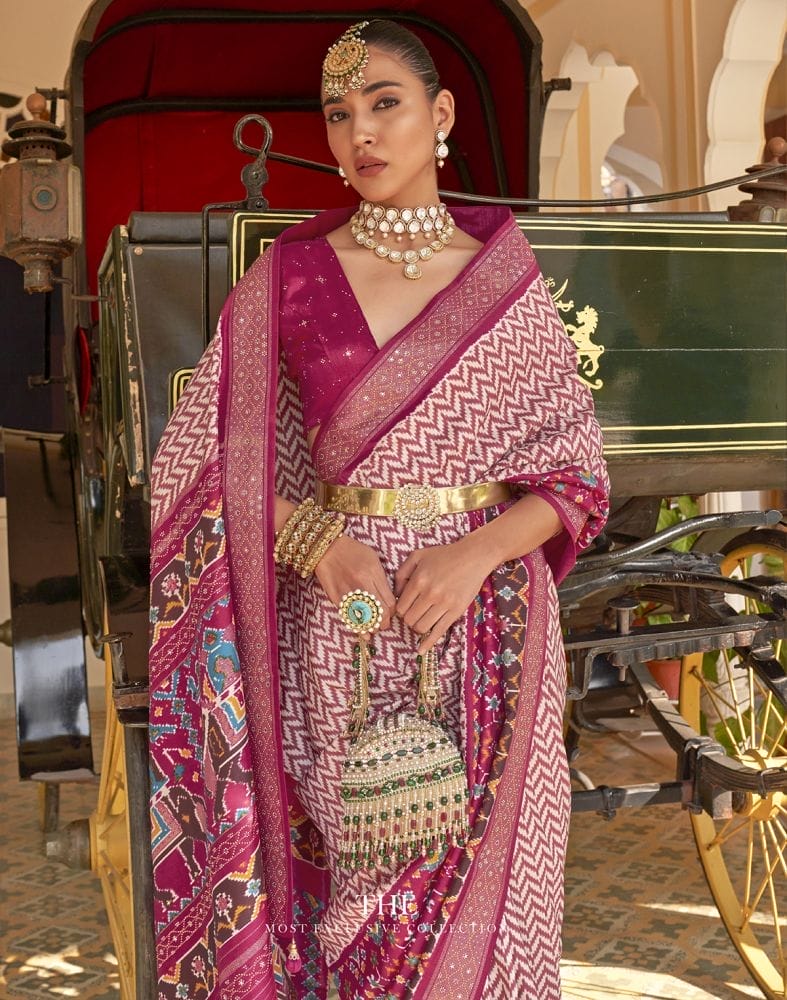 Collection of Light Pink Zig Zag Patola Fancy Beads work Saree in a gallery layout