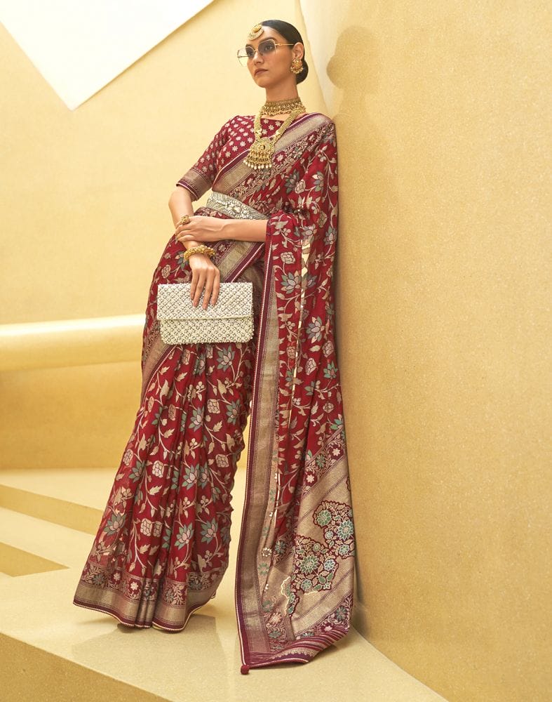 Collection of Maroon Floral Print Patola Silk Saree in a gallery layout