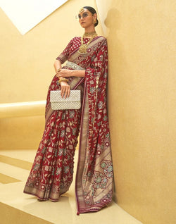 Collection of Maroon Floral Print Patola Silk Saree in a gallery layout