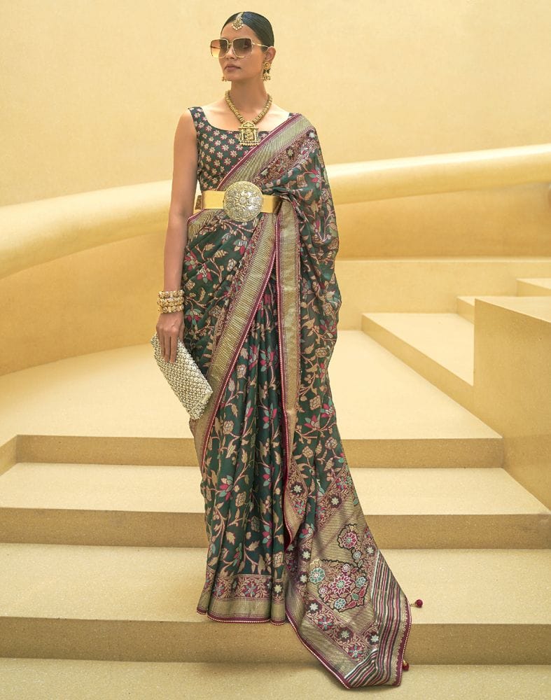 Dark Green Floral Print Patola Saree