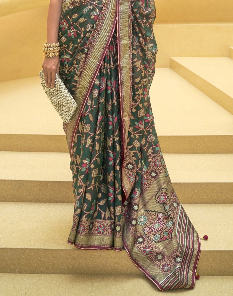 Collection of Dark Green Floral Print Patola Saree in a gallery layout