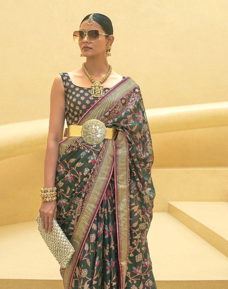 Collection of Dark Green Floral Print Patola Saree in a gallery layout