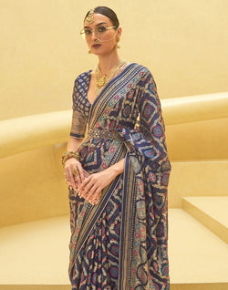 Collection of Navy Blue Geometric Print Patola Saree in a gallery layout