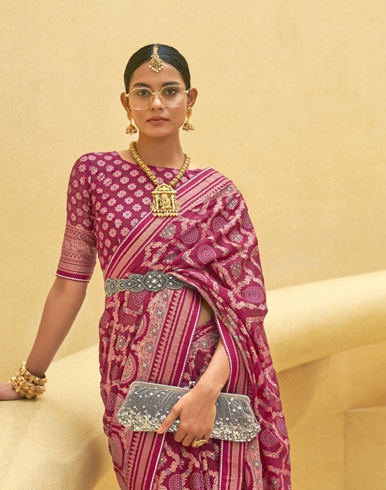 Collection of Dark Pink Geometric Print Patola Fancy Saree in a gallery layout