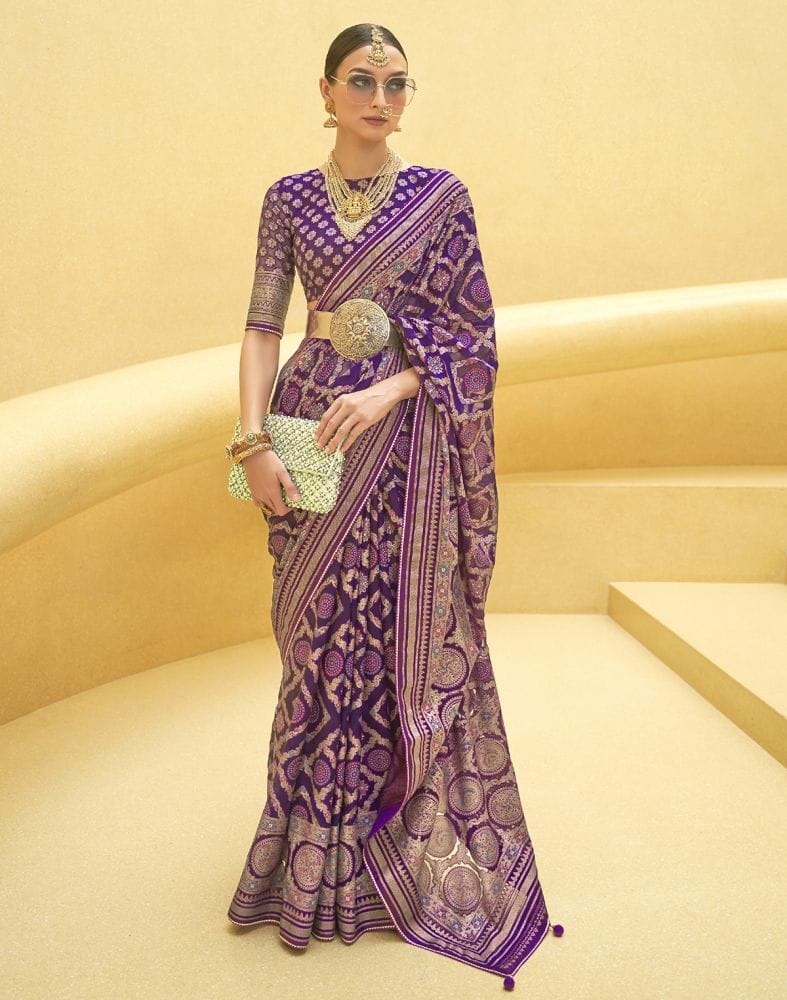 Purple Geometric Print Patola Silk Saree