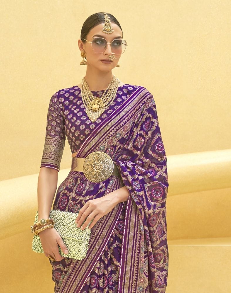 Purple Geometric Print Patola Silk Saree