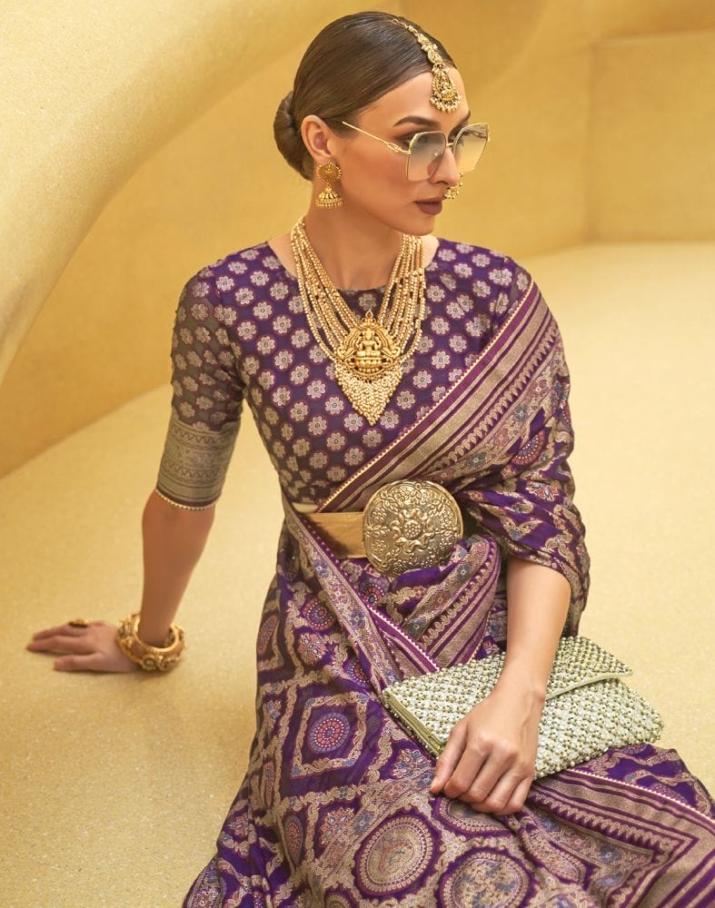 Collection of Purple Geometric Print Patola Silk Saree in a gallery layout