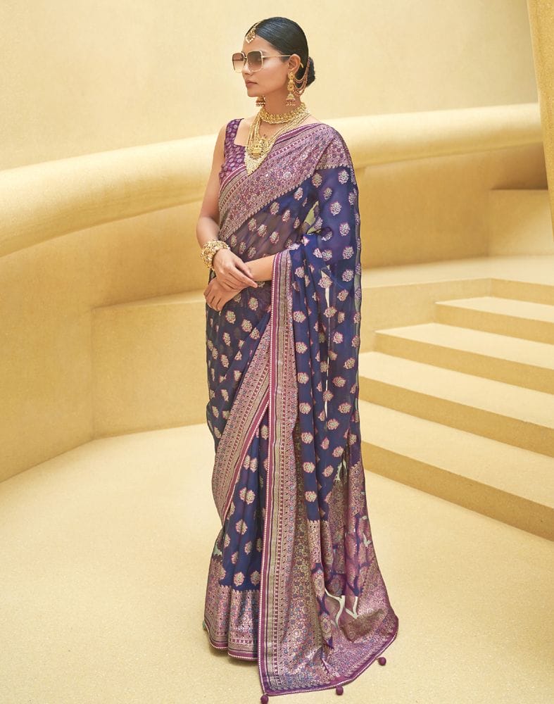 Navy Blue Floral Print Patola Saree