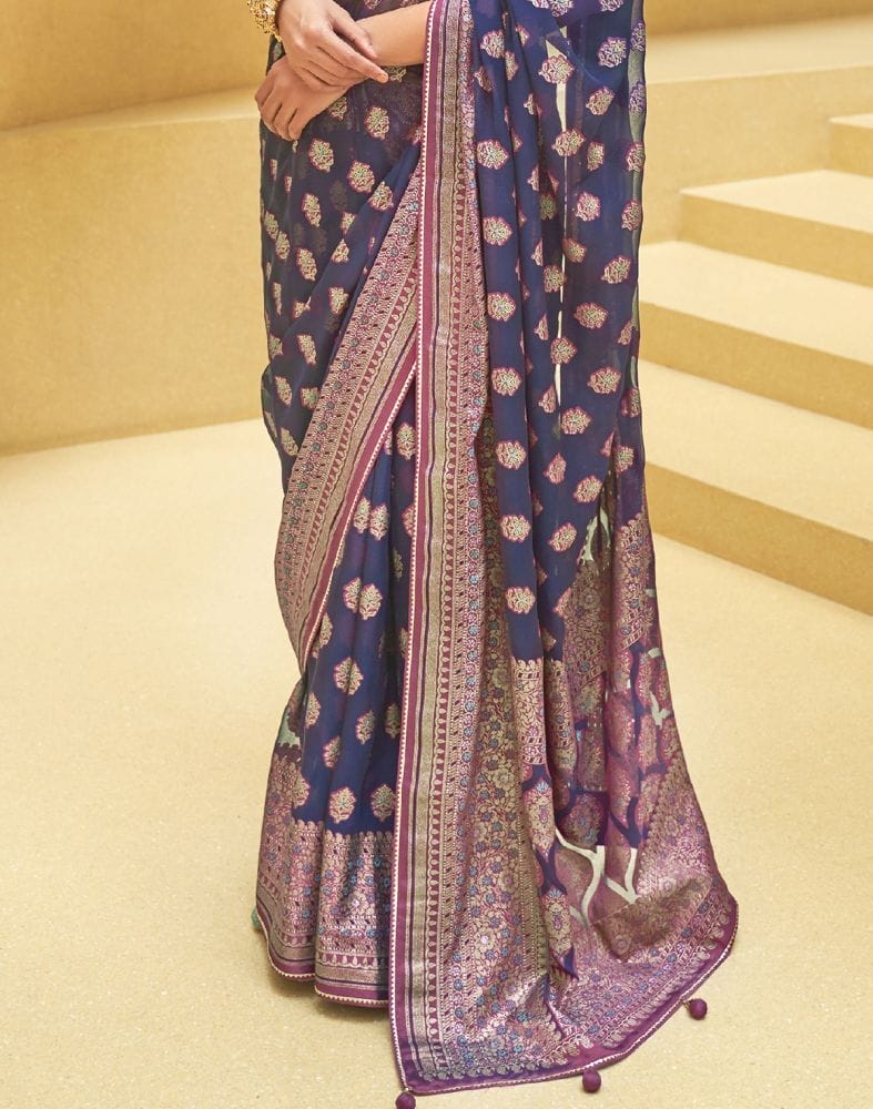 Collection of Navy Blue Floral Print Patola Saree in a gallery layout