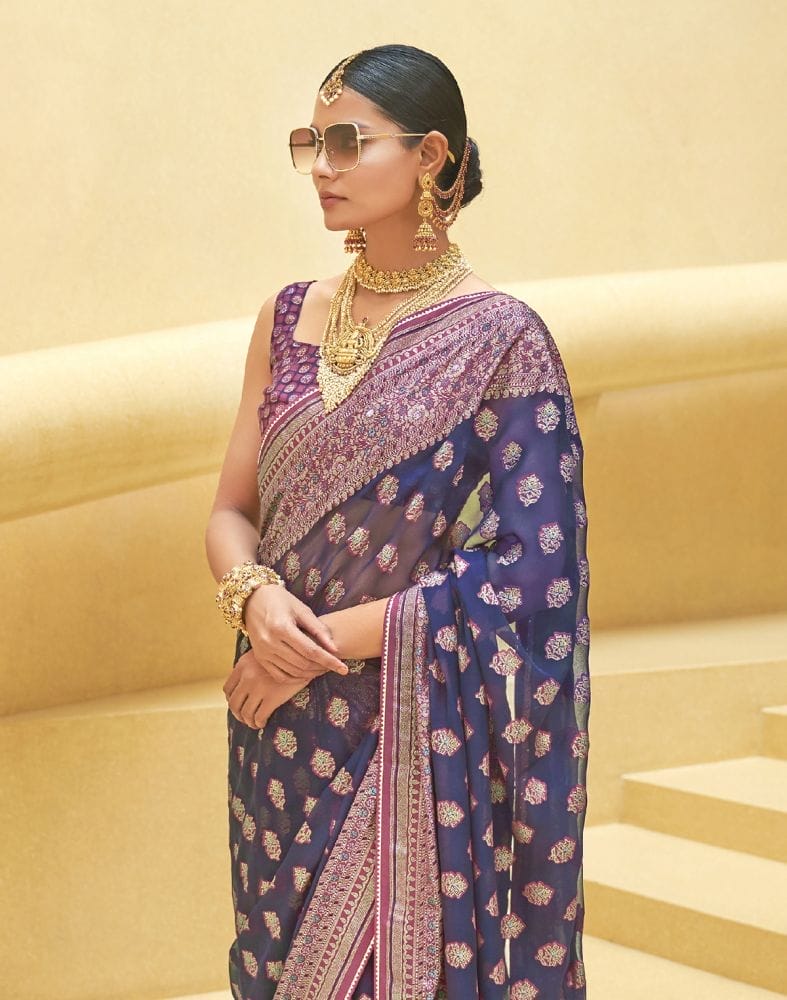 Navy Blue Floral Print Patola Saree