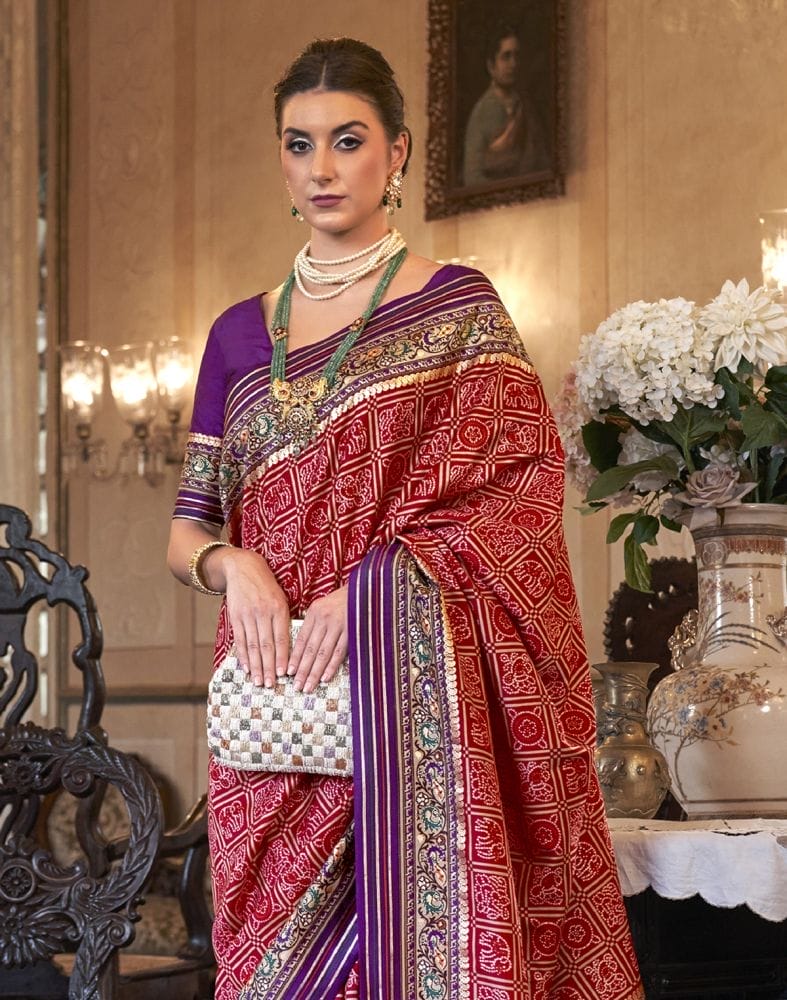 Collection of Red and Purple Geometric Print Patola Saree in a gallery layout