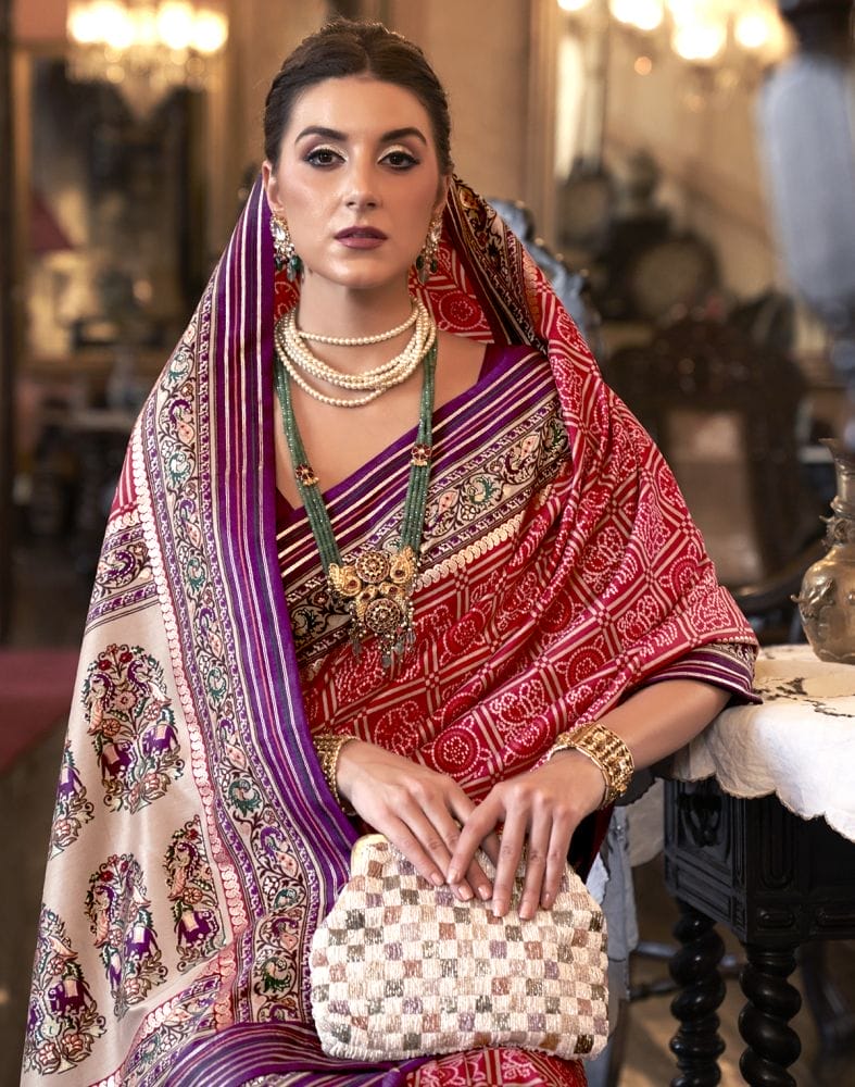 Collection of Red and Purple Geometric Print Patola Saree in a gallery layout