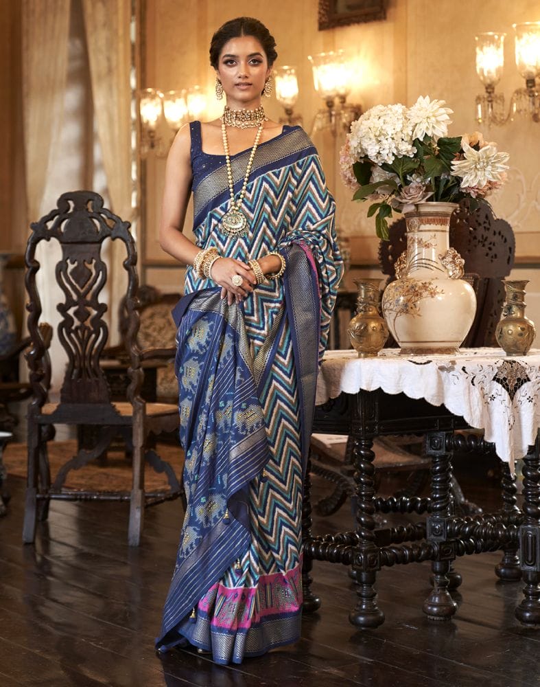 Collection of Blue Coloured Zig Zag Patola Saree in a gallery layout