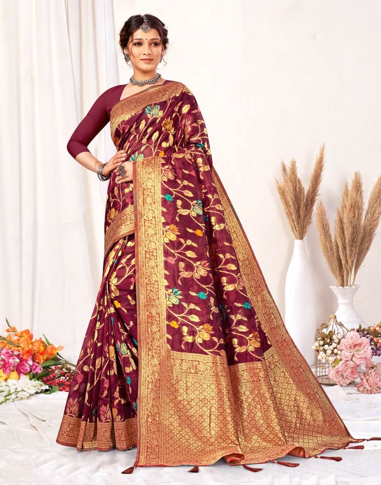 Wine Floral Banaras Weave Fancy Saree