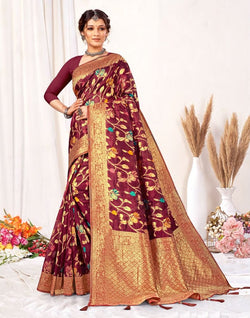 Collection of Wine Floral Banaras Weave Fancy Saree in a gallery layout